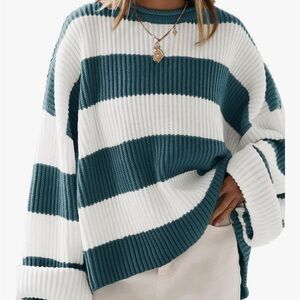 Striped Crewneck Sweater - Teal & White